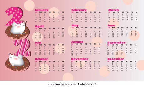 
Pink calendar for 2020 rat year.