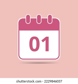 Pink calendar flat icon for meetings and important dates, date set day 01.