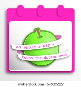 A pink calendar with a green apple surrounded by a ribbon with the text An apple a day keeps the doctor away