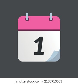 Pink calendar icon with bent tip isolated on gray background, day 1.