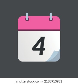 Icono de calendario rosado con punta doblada aislada en fondo gris, día 4.