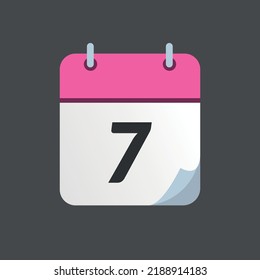 Pink calendar icon with bent tip isolated on gray background, day 7.