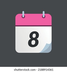 Pink calendar icon with bent tip isolated on gray background, day 8.