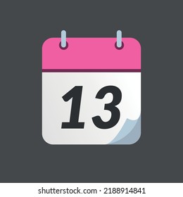 Pink calendar icon with bent tip isolated on gray background, day 13.