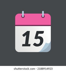 Pink calendar icon with bent tip isolated on gray background, day 15.