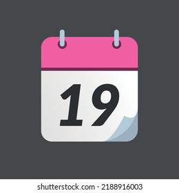 Pink calendar icon with bent tip isolated on gray background, day 19.