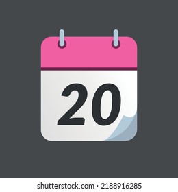 Icono de calendario rosa con punta doblada aislada en fondo gris, día 20.