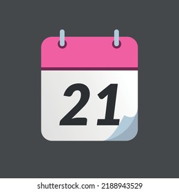 Icono de calendario rosa con punta doblada aislada en fondo gris, día 21.