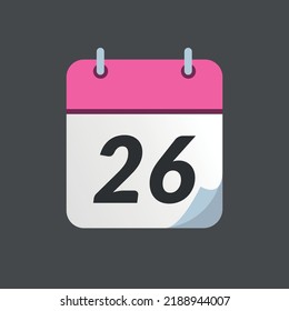 Pink calendar icon with bent tip isolated on gray background, day 26.