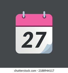 Icono de calendario rosa con punta doblada aislada en fondo gris, día 27.