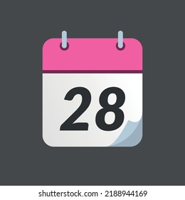 Icono de calendario rosa con punta doblada aislada en fondo gris, día 28.