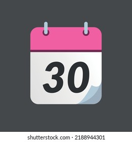 Pink calendar icon with bent tip isolated on gray background, day 30.