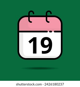 Pink calendar icon isolated on green background, vector illustration of calendar with specific day marked, day 19.