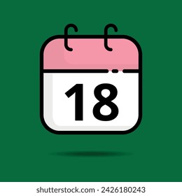 Pink calendar icon isolated on green background, vector illustration of calendar with specific day marked, day 18.