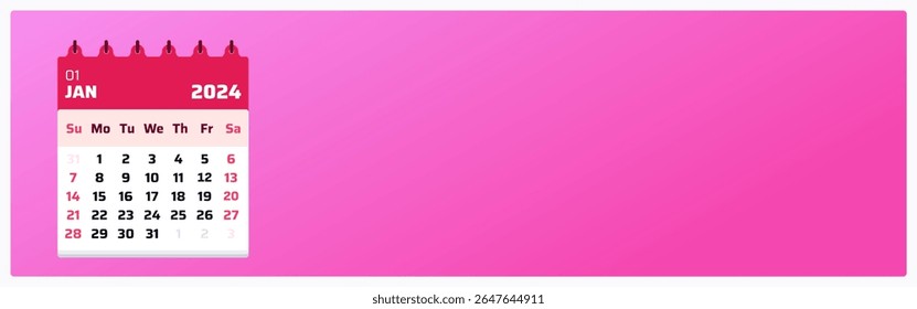 Pink calendar landscape. January 2024 calendar. 2024 Weekend start sunday. Design template. Date of monthly calendar january 2024.  Illustration of vector for ads or post