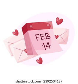 Pink calendar with love letters and heart. Vector illustration of Valentine's Day. for greeting cards, print, websites and more.
