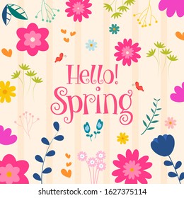 Pink Calligraphy of Hello Spring with Colorful Flowers, Leaves and Butterflies on Strip Background.