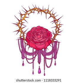 Pink camelia flower, rose with thorn crown hand drawn vector illustration isolated on white background