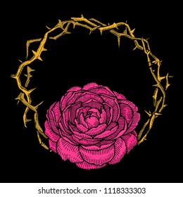 Pink camelia flower, rose with thorn crown hand drawn vector illustration isolated on black background