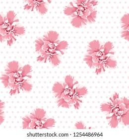 Pink camelia flowers seamless pattern. Tree petals bloom blossom. Female feminine girlish style. Polka dot background. Vector illustration for fashion, fabric, textlile, decoration.