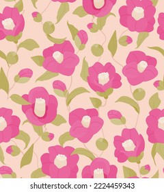 Pink Camellia flowers with leaves seamless vector pattern on beige background. Floral flat illustration for branding, package, fabric and textile, wrapping paper