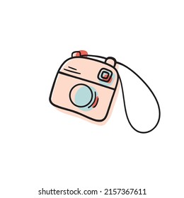 pink camera, with a neck strap, doodle