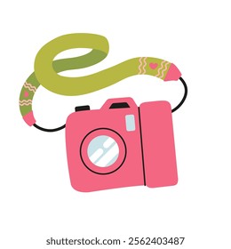 Pink camera. For shared keepsake photos, travel. Fashion accessory. Birthday or valentine's day gift. Capture moments of life and love. Square Background. Vector flat illustration.