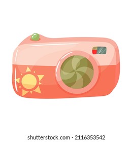 Cámara rosa para fotos de verano. Ilustración vectorial aislada en fondo blanco.