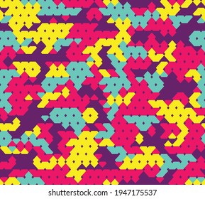 Pink camouflage, blue, yellow spots, vector trendy pattern for textiles.