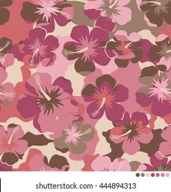 Pink camouflage hibiscus flower seamless pattern design for summer holidays background.