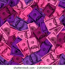 Pink camouflage pattern with 100 dollar banknote. Dense composition with overlapping elements. Good for fabric for women's clothing, t-shirt design, textile, sport goods.