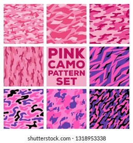 Pink camouflage patterns. Collection of 8 seamless pattern set. vector background illustration for banner, backdrop, web, fashion, surface design