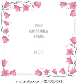 Pink campanulas frame; empty square flowers frame with pinkbells for greeting cards, invitations, posters, banners, packaging and other design. Vector illustration.