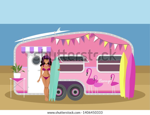 Pink camper van\
and surf lover. Travel trailer on the beach. Summer Beach vacation.\
Surfing lifestyle icon