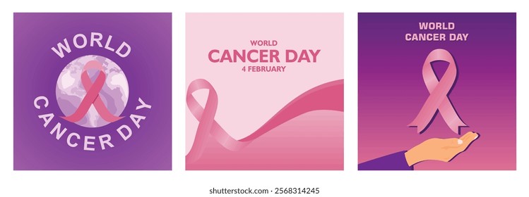 Pink cancer awareness ribbon.Celebrated every February 4. Support the World Cancer Day campaign. World Cancer Day concept. Set flat vector illustration.