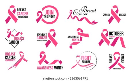 Pink cancer ribbon icons. Pink ribbons logo isolated. Breast cancer awareness ribbon emblem