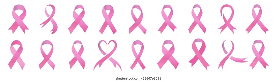 Pink cancer ribbon logo collection. Breast cancer awareness ribbons. Pink ribbons icons isolated. Pink ribbons