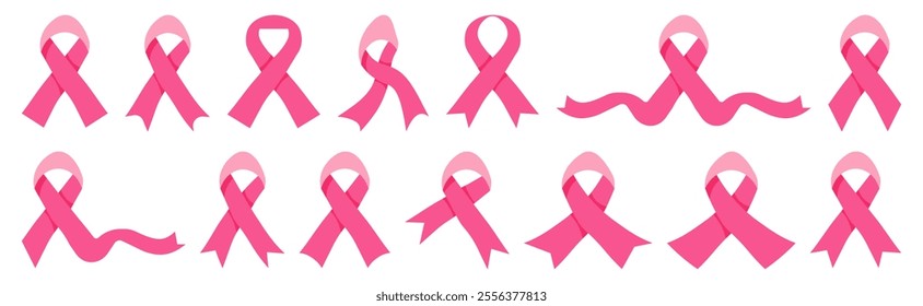 Pink cancer ribbon logo collection. Breast cancer awareness ribbons. Pink ribbons icons isolated