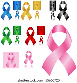 Pink Cancer Ribbon and other colorful ribbons vector set isolated on white