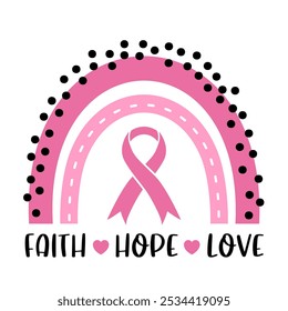 Pink cancer ribbon and rainbow. Pink vector  illustration for breast Cancer awareness month. 