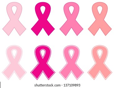 Pink cancer ribbon set isolated on white