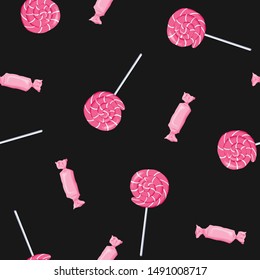 Pink candies, lollipops seamless vector pattern on black background