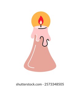 pink candle with flame and melting wax on a white background. cozy aromatic candle. Aromatherapy and relaxation. vector illustration 