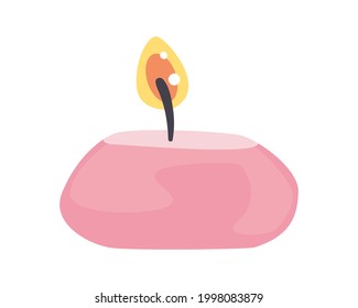 Pink candle with flame on white background