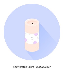 Pink candle icon flat design with long shadows on blue circle background. Christmas candle. Aroma scented with label. Vector illustration