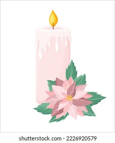 Pink candle with poinsettia flower. Flame. Green leaves. Isolated vector element. On a white. Holidays. Winter. Icon. Cartoon illustration.