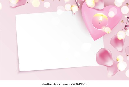 Pink candle and rose petals on pink background. Beautiful romantic background with place for text for Valentine day. Vetor illustration