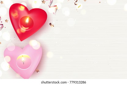 Pink candles and confetti on white wooden background. Beautiful romantic background with place for text. Vetor illustration