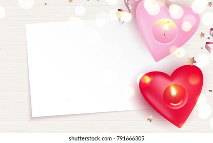 Pink candles and confetti on white wooden background. Beautiful romantic background with place for text. Vetor illustration