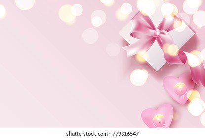 Pink candles and gift box on pink background. Beautiful romantic background with place for text. Vetor illustration